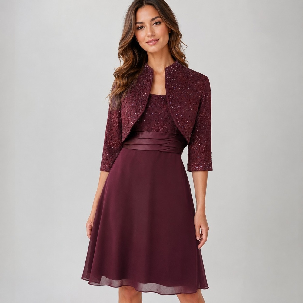 R&M RICHARDS Petites Burgundy Formal Occasion Beaded Bolero Jacket Dress Size 6P - Picture 1 of 12